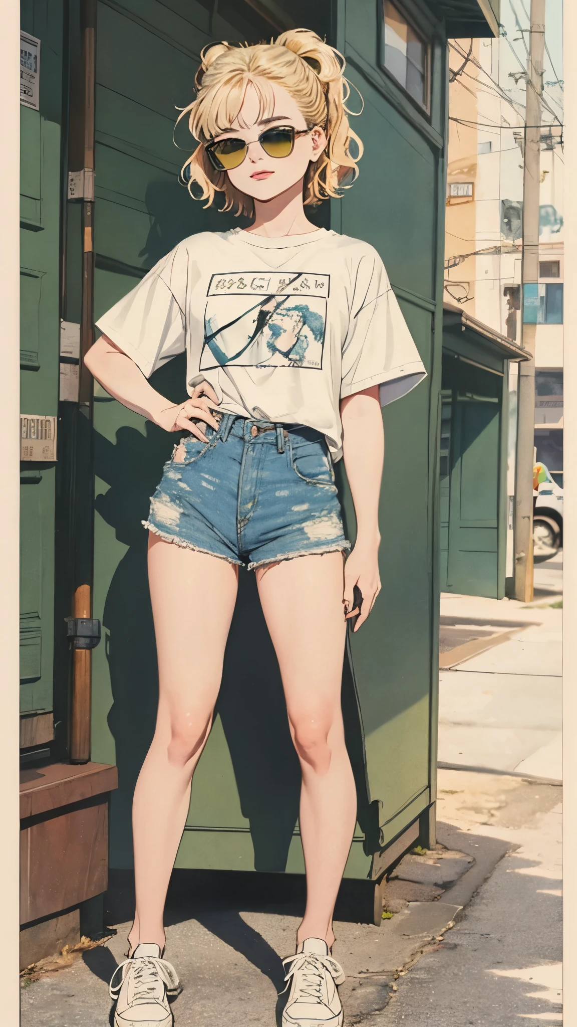 Joey King:+++, full body portrait, line art, high-quality ink drawing, ultra-detailed, realistic shading, vibrant colors, elegant posture, hanging out, small breasts, vivid colors, flat image, top knot, blonde hair, tshirt, mom jeans, white canvas shoes, Ray-Ban sunglasses