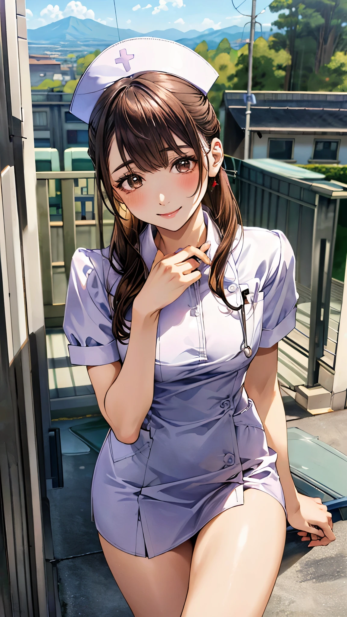 (masterpiece:1.3, top-quality, ultra high res, ultra detailed), (realistic, photorealistic:1.4), beautiful illustration, perfect lighting, natural lighting, colorful, depth of fields, surrealism,
beautiful detailed hair, beautiful detailed face, beautiful detailed eyes, beautiful clavicle, beautiful body, beautiful chest, beautiful thigh, beautiful legs, beautiful fingers, shiny skin,
looking at viewer, 1 girl, japanese, 19 years old, (perfect anatomy, anatomically correct, super detailed skin), cute and symmetrical face, babyface, perfect face, perfect eyes, perfect fingers,
(middle hair:1.2, half updo:1.2, long sidelocks, brown hair), asymmetrical bangs, grey eyes, long eyelashes, (medium breasts, seductive thighs), slender, outstanding style,
(detailed cloth texture, nurse uniform, nurse cap, nameplate, stethoscope, karte),
(beautiful scenery), (hospital, ward), , (lovely smile),