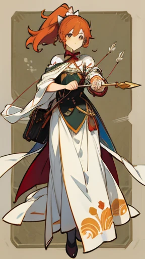 Victorian style, British background, full body picture, figure, Standing image,Full body picture，figure设定图，Three views of charactermorpg，Apricot hair，High Ponytail，Holding a bow and arrow，Archer，1 girl，Imperial sister body type，Bow and Arrow Bag，Western Fantasy Adventure，西幻Archer，Bow pulling pose。