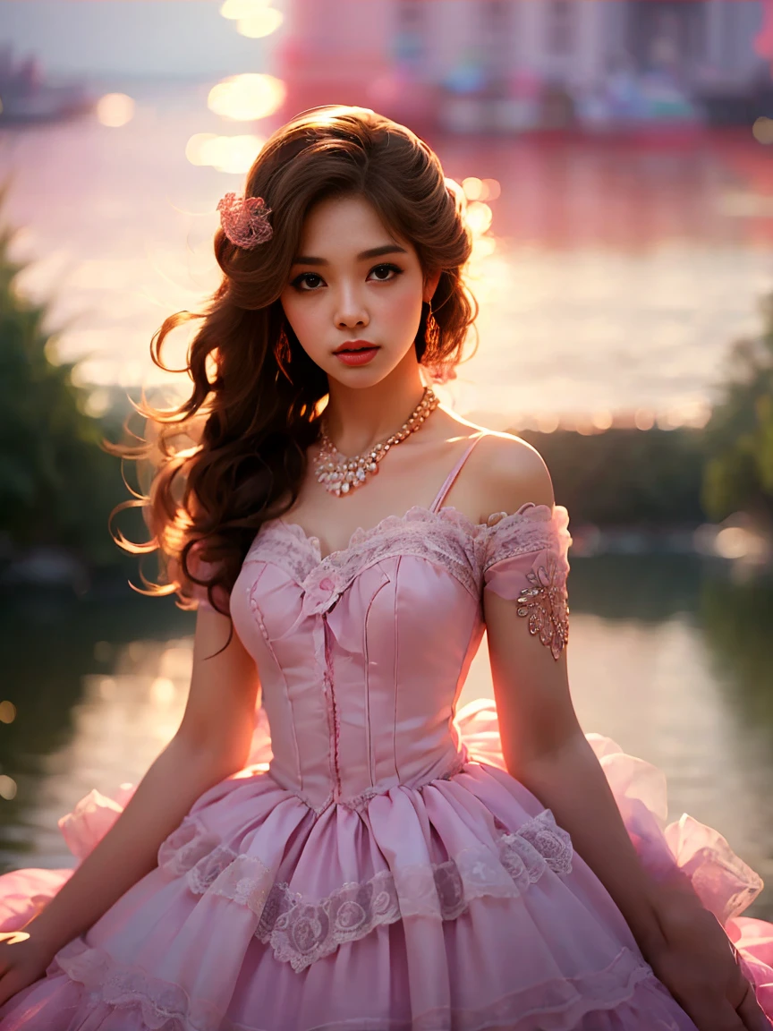 (Vision)，(panoramic:1.5)，(Wide-angle shooting:1.3)，1girl, beauty, Short brown hair，Beautiful eyes，The background is the pink sea under the sunset，Lolita Dress Style，Second Dimension，Masterpiece，High quality and high resolution，comics，Small fresh, (whole body:1.8), UHD, retina, ccurate, anatomically correct, textured skin, super detail, award winning, best quality, 8k