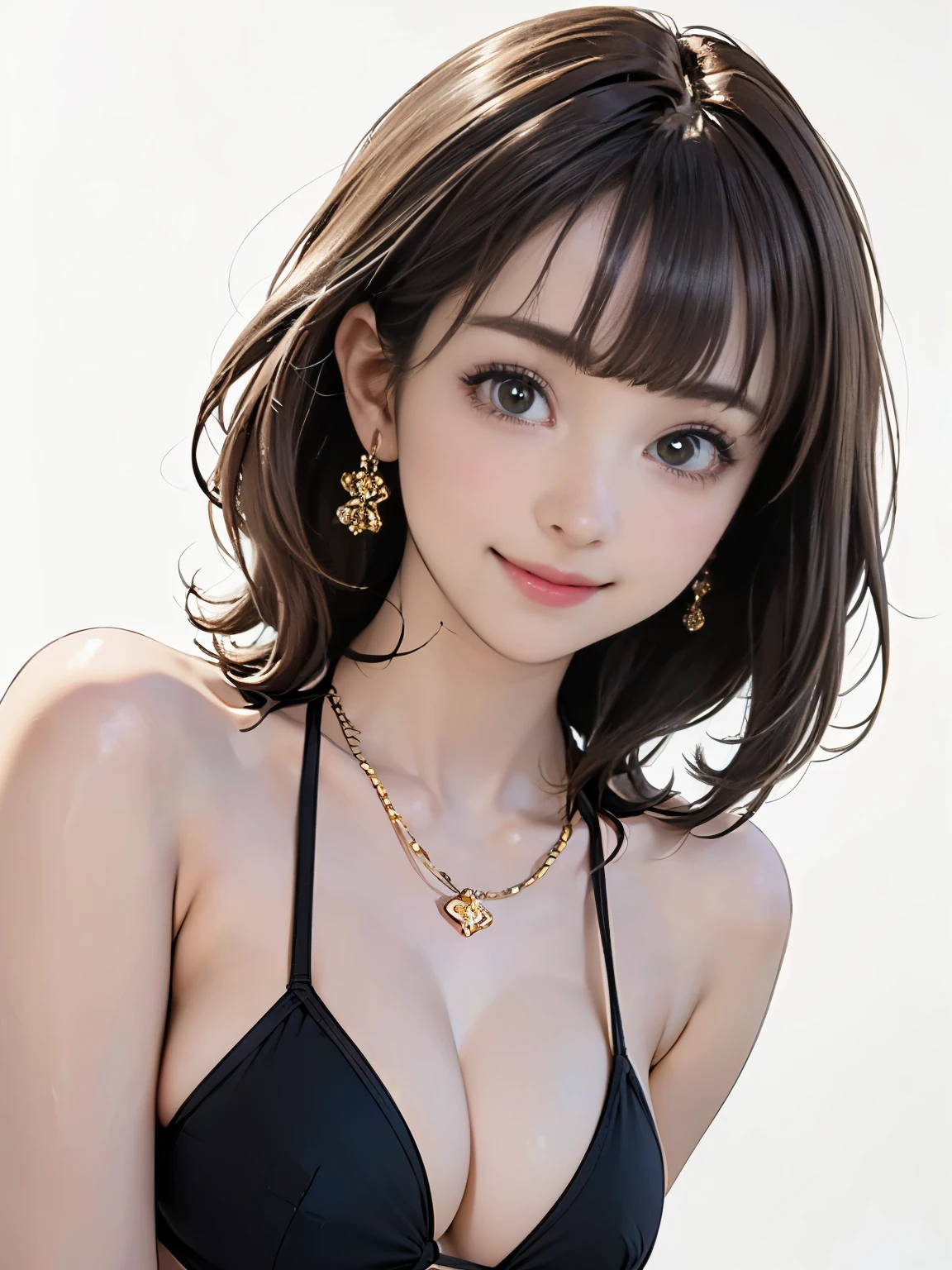 ((((highest quality))))、(((Ultra-precision CG16K wallpaper)))、(((masterpiece)))、(((Super detailed)))、(((Extreme detail)))、((1Mature 29 year old woman:1.6))、((Very beautiful Japanese faces))、((Shiraishi Mai:1.5))、((Straight medium hair、blunt bangs:1.5))、(Shiny brown hair)、Beautiful brown eyes、Clearly defined pupils and whites of the eyes、eyeliner、eye shadow、High nose、Small nostrils、Small Mouth、Seductive lips、Beautiful breasts、((C cup size breasts))、Cleavage、Beautiful feet、eight-headed body、Perfect proportions、Perfect Anatomy、Perfect composition、Beautiful detailed shading、Beautiful, natural lighting、Beautiful detail glow、Depth of written boundary、(((High chroma)))、(((Real:1.9)))、((vivid:1.5))、((Beautiful Skin))、((Skin Texture))、((Realな皮膚感))、(((Bust Shot:1.6)))、((Front view、shoot from front、Front low angle:1.6))、(((smile:1.6)))、((The woman is looking at this、looking at viewer、Facing forward:1.6))、Bright daylight、Natural light、(((Plain background、Spotlight:1.3)))、(Fashion model pose:1.6)、(((Black micro bikini swimsuit:1.6)))、((Wearing a necklace:1.3))、