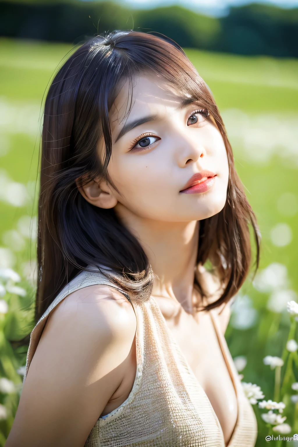 (masterpiece), Perfect Woman, Expressive eyes, Perfect Face,Cleavage,Cute face,Beautiful Face,double eyelid,Supermodel,Sexy pose、Perfect Anatomy、Beautiful limbs、(Mysterious,high quality,Realistic,high resolution),Japan,full of fields、Beautiful woman,gravure,fashionable 、Professional、