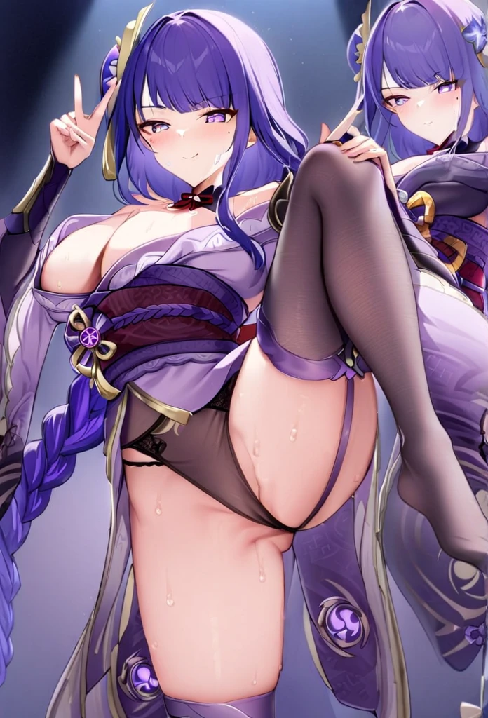 masterpiece, highest quality, Shogun, pants stockings ,{Raise one leg},One girl, Thigh and garter belt,alone, Cute face,Long Hair, View your viewers, hair ornaments, Knee socks, Long sleeve, ribbon, Holding, Cleavage, Mouth closed, Purple eyes, arms, Purple Hair, Braiding, flower, kimono, sword, Wide sleeves, kimono, Holding arms, armor, Mole, Blurred, sash, Mole under eye, finger PEACE, Peace sign,Smile,shoulder armor, Tassel, Bridal Gauntlet, stage, purple flower, vision (Genshin Impact), heartjime, -bar (symbol), heartage, mitsudomoe (shape), Brainwashing, (Sweat leg,)