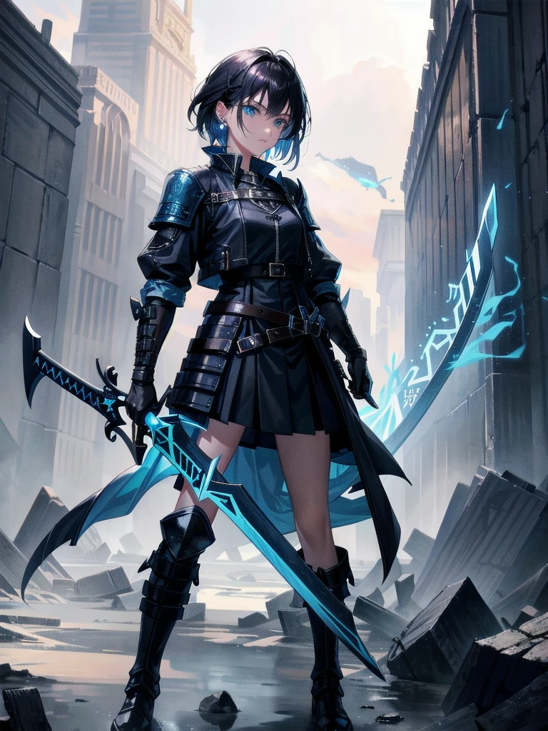 Holding a long blue great sword, Ruins, Wear tech boots, black jacket, samurai, absurdres, RAW photo, extremely delicate and beautiful, masterpiece, Best Quality, ultra high resolution, 32k, hyperrealistic, ultra-detailed, tearful mole, earring, short medium hair, wavy hair, whole body,
