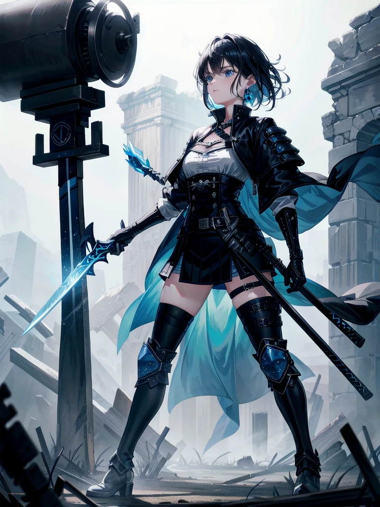 Holding a long blue great sword, Ruins, Wear tech boots, black jacket, samurai, absurdres, RAW photo, extremely delicate and beautiful, masterpiece, Best Quality, ultra high resolution, 32k, hyperrealistic, ultra-detailed, tearful mole, earring, short medium hair, wavy hair, whole body, 