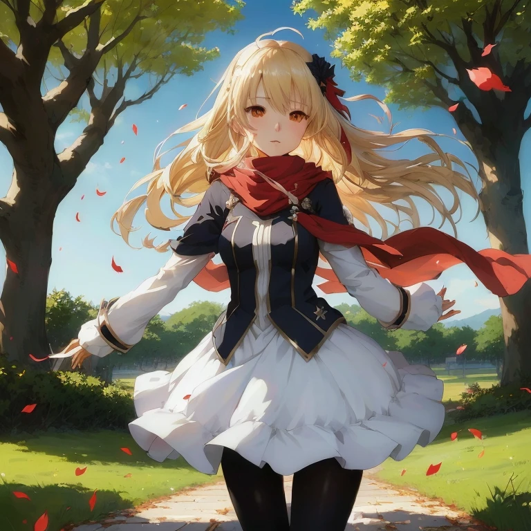 anime girl in a white dress and red scarf walking down a path, zerochan art, blonde anime girl with long hair, marisa kirisame, cushart krenz key art feminine, anime style like fate/stay night, key anime art, anime style 4 k, high quality anime art, anime art wallpaper 8 k, beautiful anime girl, detailed key anime art