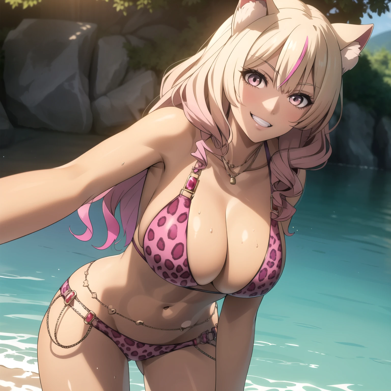 Raphtalia. atractiva mujer. orejas de gato, cabello rubio con puntas rosadas, ojos rosados, piel morena, piel bronceada, pechos grandes, pink leopard print bikini ,selfi, fondo un lago. rubia, pelo rubio dorado. sunny day illuminated face, sonrisa coqueta. excellent lighting, obra maestra, alta calidad. pechos enormes. enfoque en pechos.