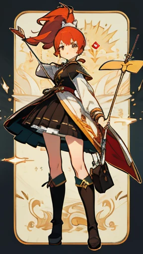 Victorian style, British background, full body picture, figure, Standing image,Full body picture,figure设定图,Three views of charactermorpg,Apricot hair,High Ponytail,Holding a bow and arrow,Archer,1 girl,Imperial sister body type,Bow and Arrow Bag,Western Fantasy Adventure,西幻Archer,Bow pulling pose,Side splits,Over-the-knee boots。