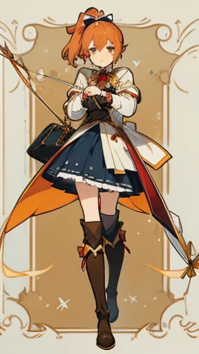 Victorian style, British background, full body picture, figure, Standing image,Full body picture,figure设定图,Three views of charactermorpg,Apricot hair,High Ponytail,Holding a bow and arrow,Archer,1 girl,Imperial sister body type,Bow and Arrow Bag,Western Fantasy Adventure,西幻Archer,Bow pulling pose,Side splits,Over-the-knee boots。