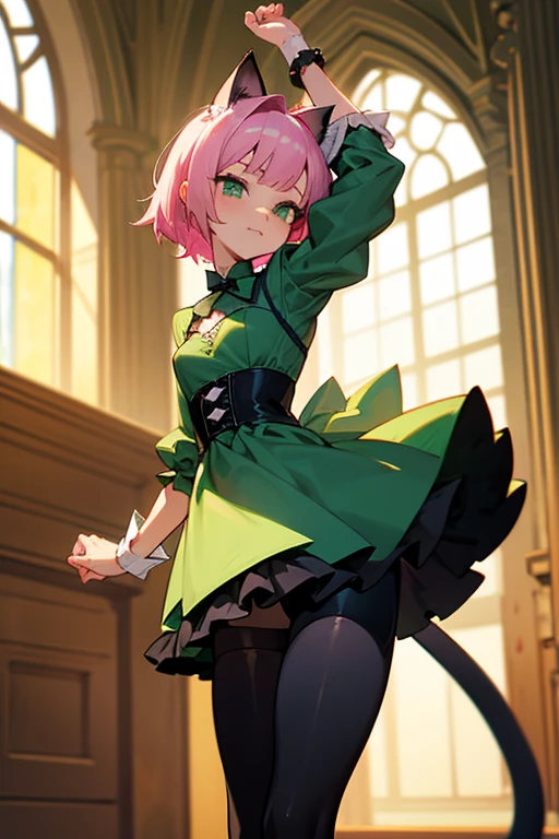 Pink hair, short hair, deep emerald green colored eyes, small breasts, body, short body, large magical collar, slave, cat girl, cat tail, servant, sexy, cute, shy look, tied up, mischievous expression, bratty, short maid dress, thigh high leggings, Lolita maid, green dress, black dress with green accents, black outfit, revealing dress, bratty, revealing clothes, servant, indoors, inside a castle, medieval, bratty pose, bratty, arms raised, 
