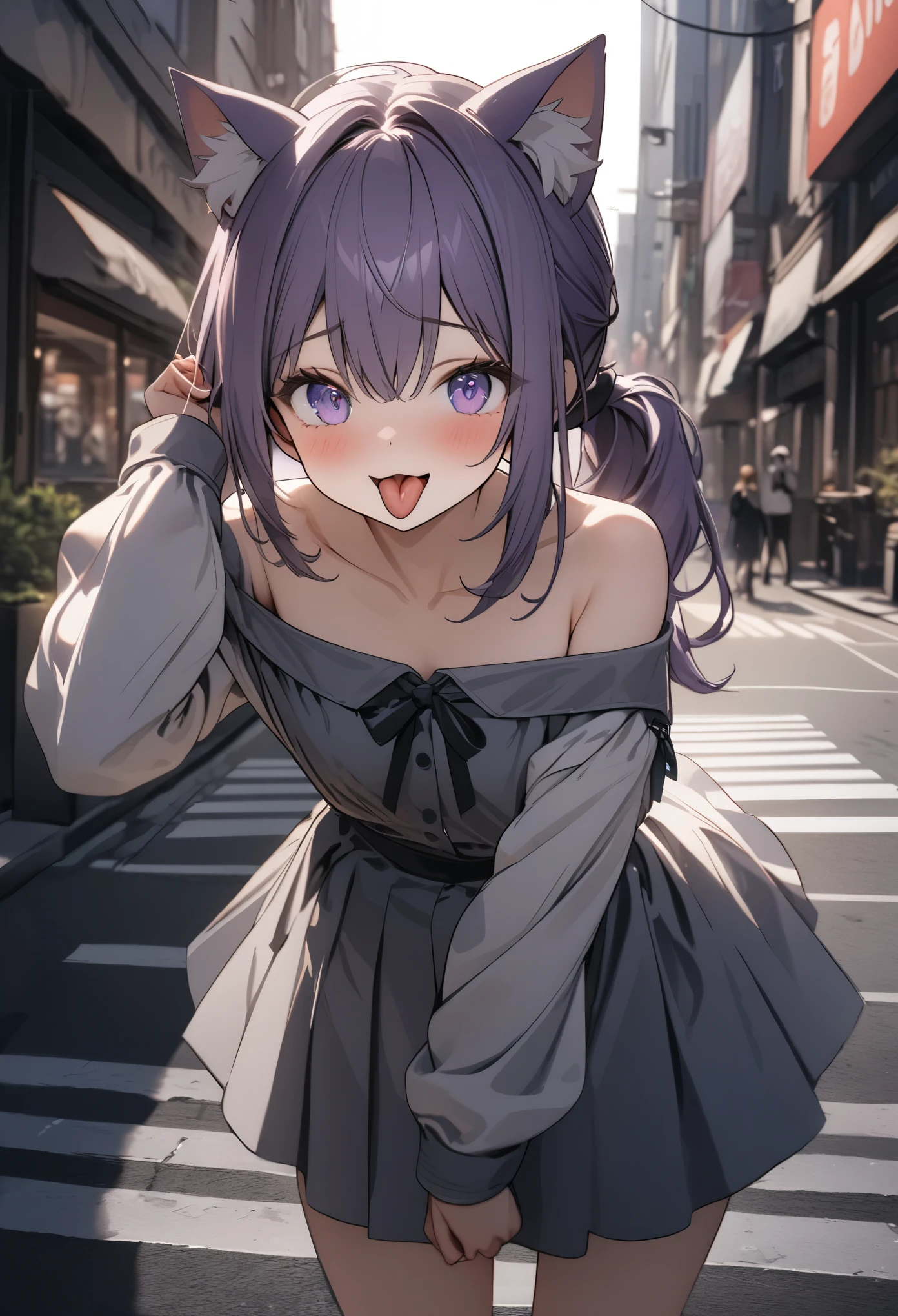 ((Masterpiece)), ((best quality)), (absurdres), 8k, (Professional Photography:1.3), (super detailed), (standing on road), (sticking out tongue), open mouth and laughing, 1girl, cute girl, (Vibrant Pose), (put on cat ears), messy long ponytail, pale purple hair, cute eyes, (white sleeves), (Off-shoulder long sleeves), city street, high res, ((beautiful eyes)), ((put on captain hat)), 