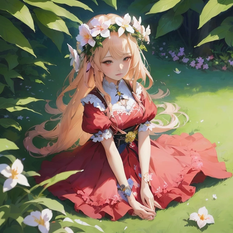 anime girl in red dress sitting on grass with flowers in her hair, cute anime waifu in a nice dress,  in dress, guweiz on pixiv artstation, cushart krenz key art feminine, anime goddess, portrait of ta, guweiz on artstation pixiv, zerochan art, beautiful anime girl, trending on artstation pixiv