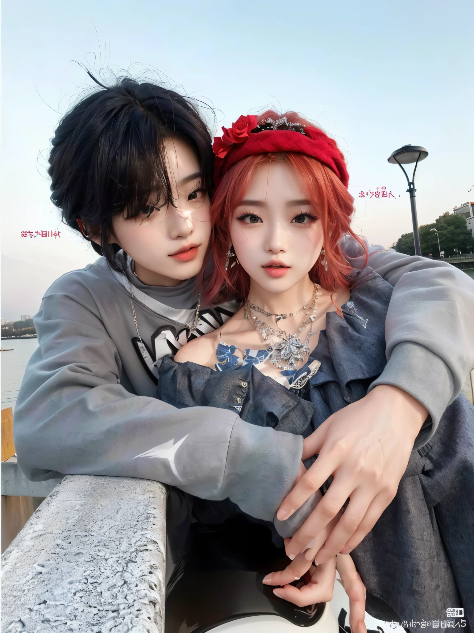 arafed pareja posing for a picture on a bridge near the water, ulzzang, pareja pose, pintar ulzzang, lovely pareja, estilo anime, ๐
๐
, 8k)), cai xukun, estilo animado only, estilo animado, pareja, ๐ฃ ๐ฅ, boy AND girl, sakimichan, nixeu y sakimichan