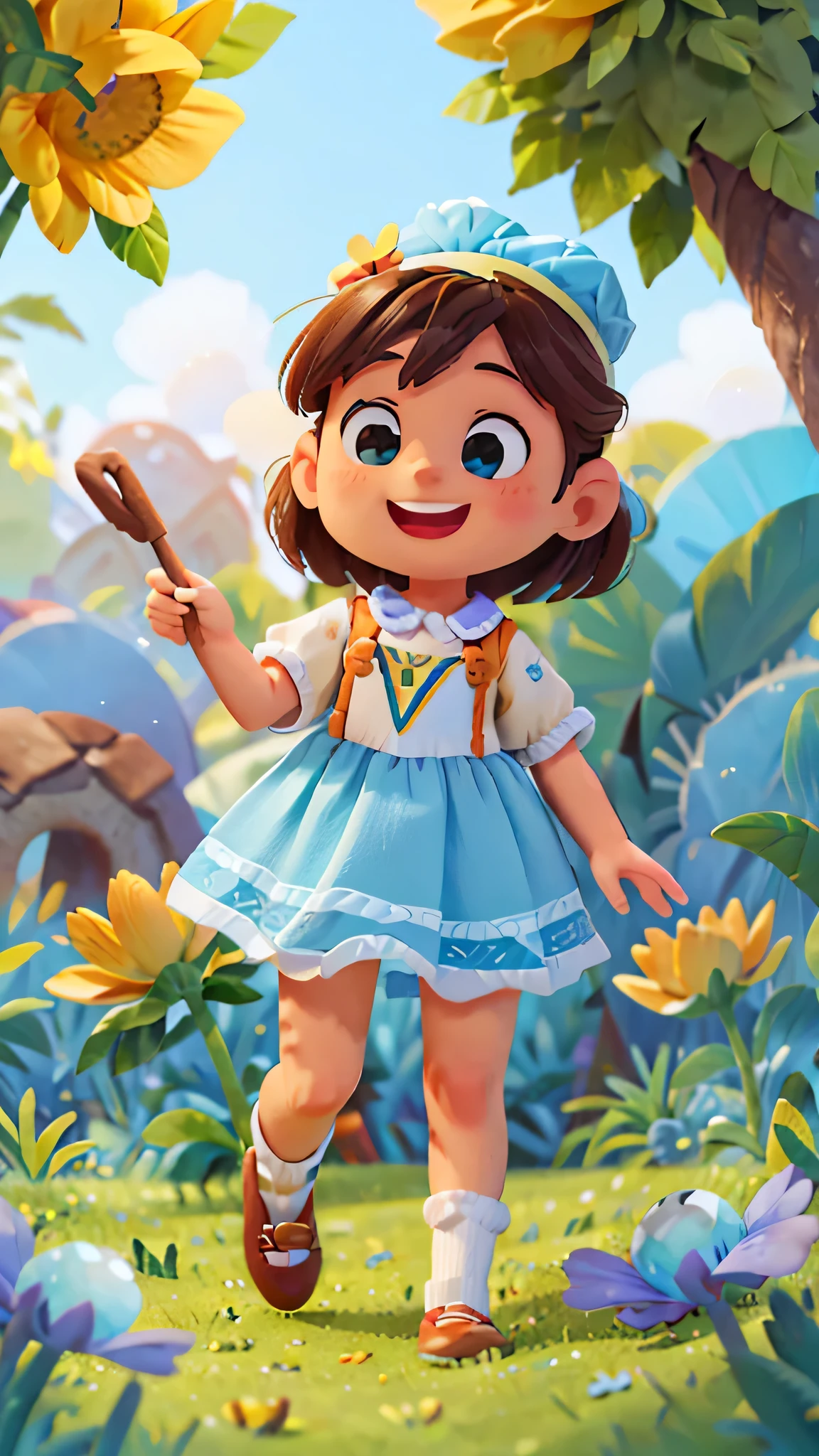 8k, Melhor qualidade, obra de arte, altamente detalhado, Semi-realista, um lindo sol sorrindo no ceu azul, com nuvens claras, um lindo campo com lindas flores da primavera, uma  e um menino brincando