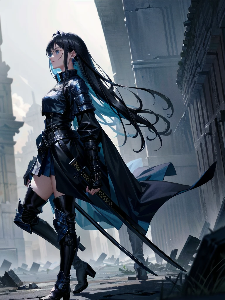 long blue great sword, Ruins, tech boots, black jacket, samurai, absurdres, RAW photo, extremely delicate and beautiful, masterpiece, Best Quality, ultra high resolution, 32k, hyperrealistic, ultra-detailed, tearful mole, earring, short medium hair, wavy hair, whole body, 