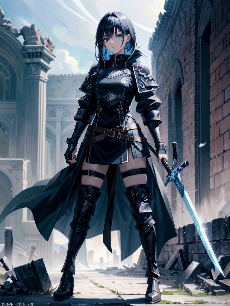 long blue great sword, Ruins, tech boots, black jacket, samurai, absurdres, RAW photo, extremely delicate and beautiful, masterpiece, Best Quality, ultra high resolution, 32k, hyperrealistic, ultra-detailed, tearful mole, earring, short medium hair, wavy hair, whole body, 