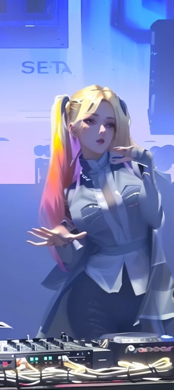Blonde girl standing in front of DJ equipment,hair multicolored, chlorine, Tick, She is dancing, Keda, Behind her is an atmosphere of terror, Ava Max, Low quality video, Holograms hover around her, Her hands on her waist, Dancing in the background, Very sexy, Live video, as though She is dancing, hot topic anime convention