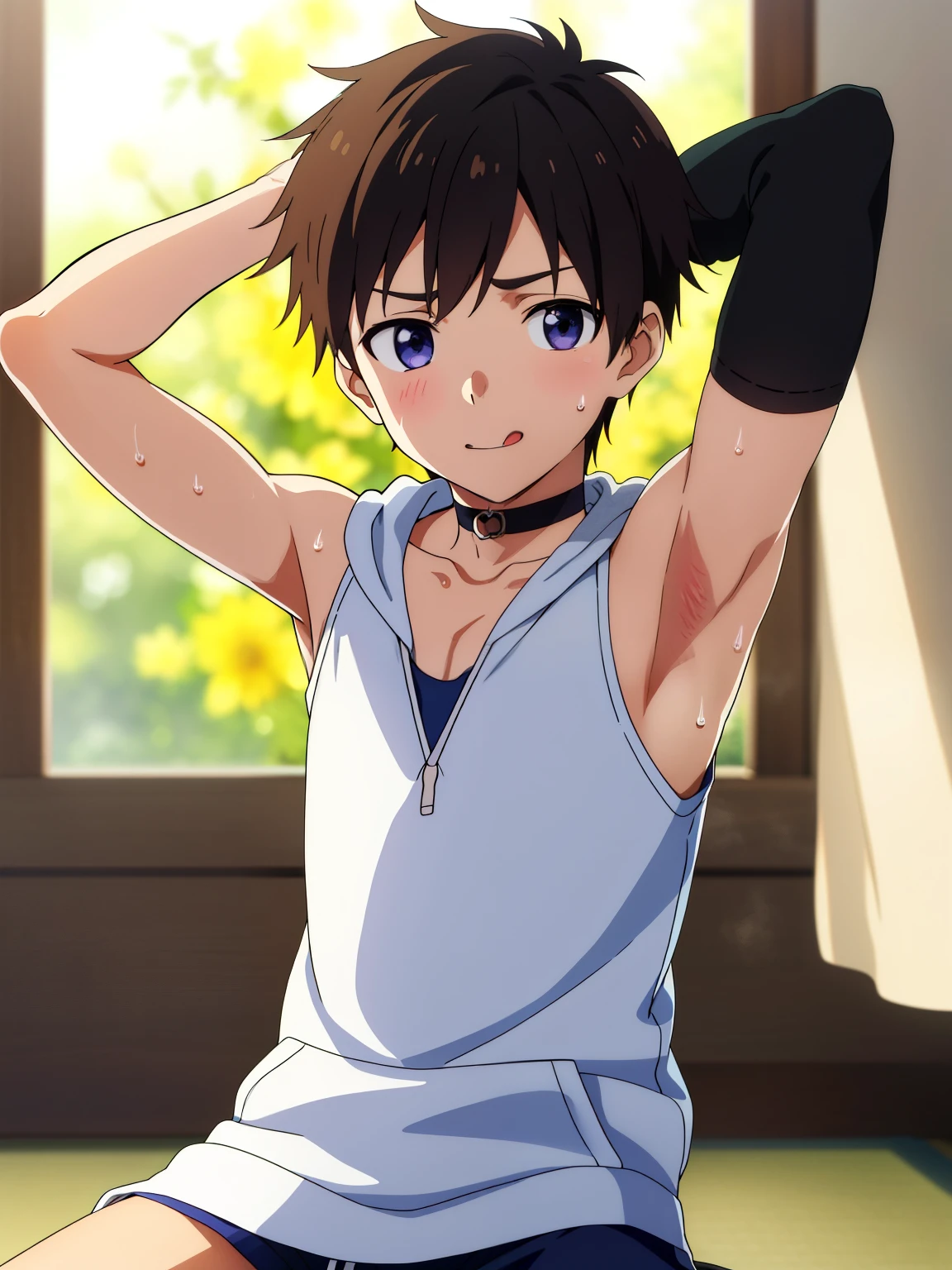Highres, Masterpiece, Best quality at best,Best Quality,hight quality, hight detailed, 1boy, Boy,Straight hair, Side bangs, Shota, Sweat, Sleeveless hoodie, Choker, Glove, Sleeve cover, Collarbone, Depth of field, Anime screencap style, thin line, Sitting, Sticking out tongue, Seen from the front, Little sweat, Cute boy, (Showing armpit:1.3), (very small and short stature), (very young boy), s, Blurry and simple beckground, bokeh, Uhd cinematic, detailed, atmospheric, 8k, corona render