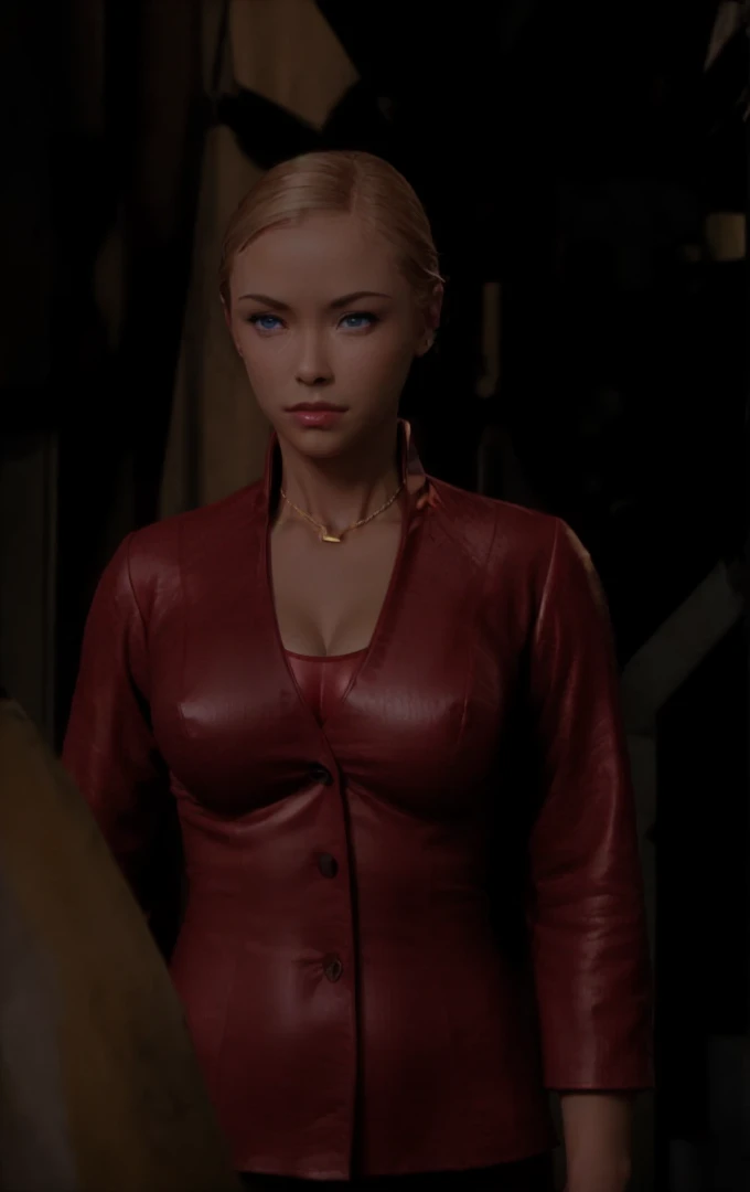 T3RMKL0K, blue eyed, medium to large size breast, perked breast resulting in cleavage, cleavage, big cleavage, red outfit, gold necklace