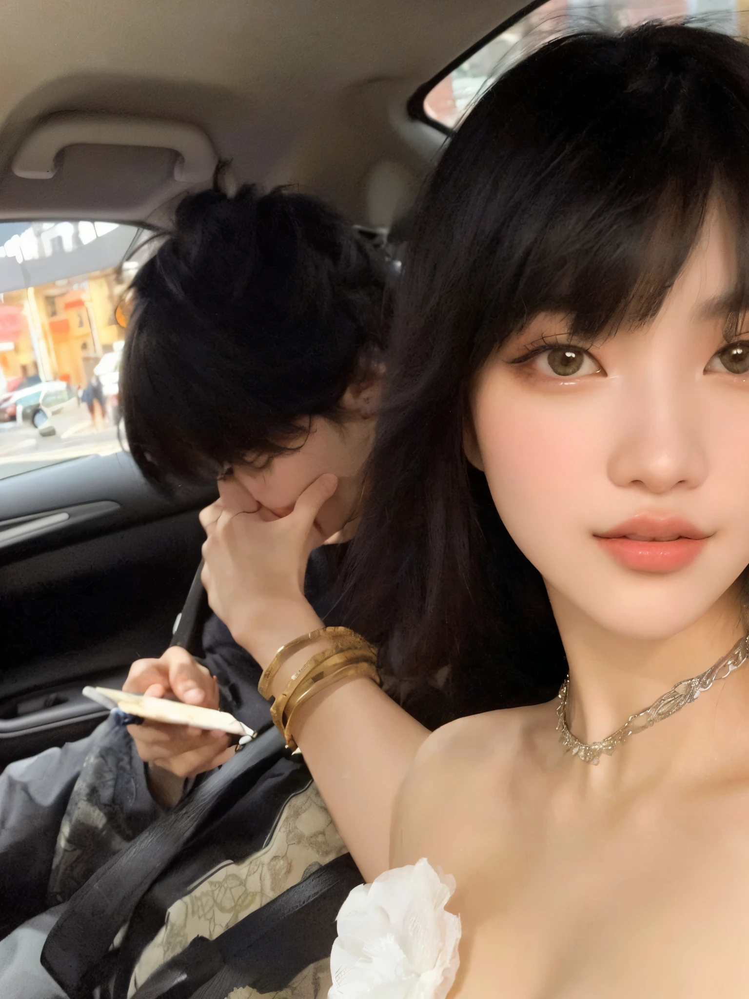 There is a woman sitting in a car with a man behind her, she has black hair con flequillo, jia, shaxi, con flequillo, el corte de hime, flequillo de cortina, ๐
๐
, Xision Wu, Gemma Chen, imagen filtrada, cai xukun, Lulu Chen, Xintong Chen, ruan jia and brom, foto de perfil, imagen de perfil