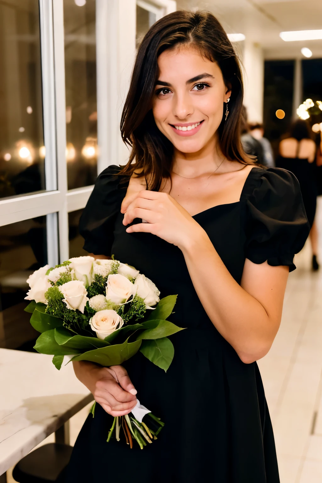 femme brune selfie, simple cafeteria beautiful environment, girl holding a bouquet of roses, 8k, night, in a black dress, talking on the phone and laughing