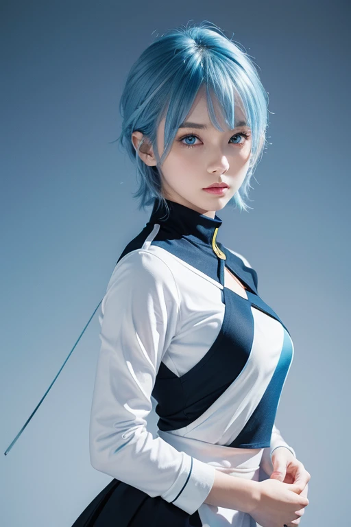 User
Chibi-Style, vivid Copic marker anime illustration, maintains a 3:1 head-to-body ratio, 1 girl, short hair, ice blue hair, bangs, blue eyes, future uniform, white and blue with black accents, glowing bracelet, glowing hairpin, no belongings, single object, white background for removing background, full body illustration.