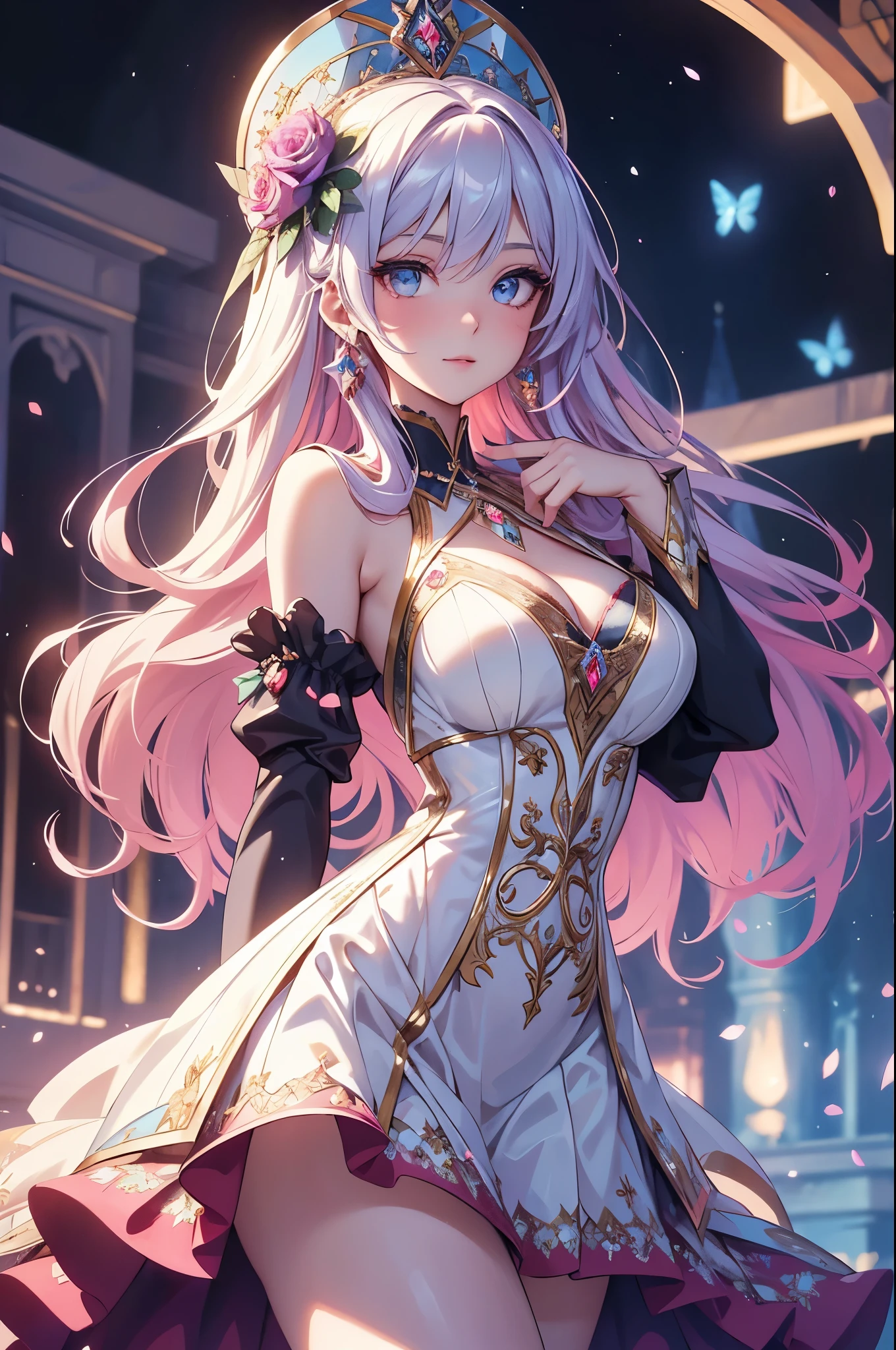 (best quality,4k,8k,highres,masterpiece:1.2),ultra-detailed,(realistic,photorealistic,photo-realistic:1.37),acrylic painting,beautiful Russian model in a Lolita dress with downy hair,beautiful Russian model with extremely colorful hair and detailed facial features,beautiful Russian model standing in a beautiful garden surrounded by a starry sky,beautiful Russian model wearing a vibrant Lolita dress,beautiful Russian model with intricate accessories and a matching hat,beautiful Russian model posing gracefully with her hands on her hips,beautiful Russian model with long flowing twintails,beautiful Russian model with bright blue eyes and rosy lips,beautiful Russian model with a joyful expression,beautiful Russian model in a dynamic pose with cherry blossoms falling around her,beautiful Russian model surrounded by colorful flowers and butterflies,beautiful Russian model's dress adorned with cute bows and lace details,beautiful Russian model with an enchanting smile,beautiful Russian model with soft, pastel-colored shading,beautiful Russian model with a magical glow illuminating her,beautiful Russian model in a picturesque setting with a winding path leading to a magnificent castle,beautiful Russian model holding a microphone and singing passionately,beautiful Russian model with a fairytale-like background,beautiful Russian model with a soft, dreamy atmosphere,beautiful Russian model with a subtle bokeh effect,beautiful Russian model standing under a moonlit sky,beautiful Russian model with a warm, golden sunset in the background,beautiful Russian model surrounded by twinkling stars and colorful nebulae,creating an ethereal and captivating artistic masterpiece.