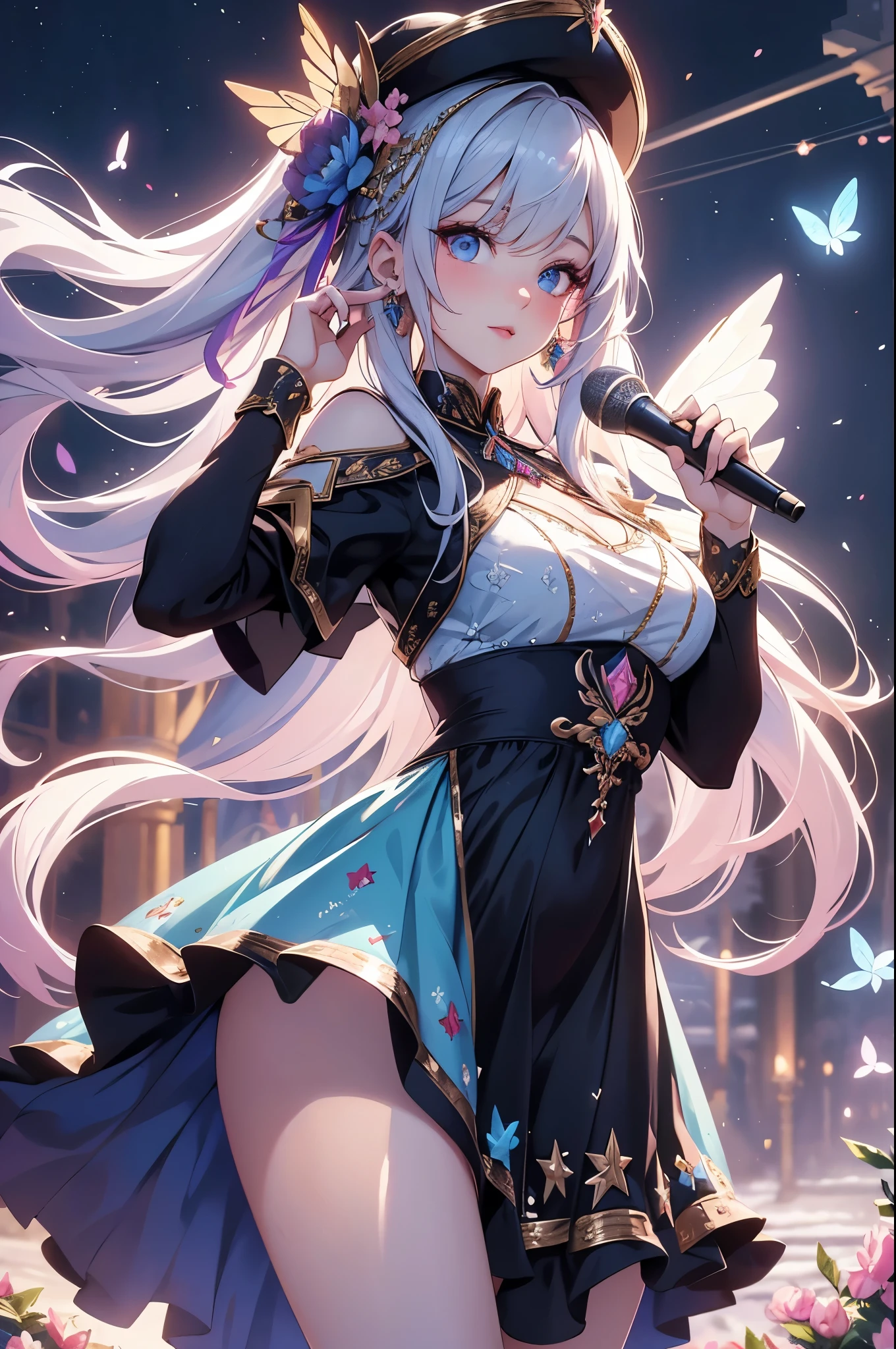 Ninomae Ina'nis, VTuber, gold tiara on her bangs, white roses, ornament hair, white roses on her hair, angel, perfectly body, perfectly hands, multicolored hair, violet hair, orange hair, long hair, gold lantern, wave hair, flowing hair, black dress, more details on her clothes, black dress with gold details, night, 1 girl, Looking at the audience, on the stage holding a microphone, chinese lantern, chinese style, flowing hair, Beautiful Eyes, Plump and glossy lips, Idol, dress with too many frills, black dress, white laces, black Short skirt, Drape clothes, violet gem, Lace trim, bright stage, luxury gold details, gold jewelry, more details, best quality, Big sparkling eyes, blushing, Striped Lace Stockings, black Lolita skirt, sparkle, solo, centered girl, cowboy shot, perfectly body, perfectly hands, two arms, two legs, two hands, five fingers, perfect anatomy, glowing hair, white roses, 1girl, dress, solo, floating hair, on the stage, sparkles, more details on her clothes, dress with transparency, golden details on her dress, night, holding a microphone, ((4k, masterpiece, top-quality)), 8k, best quality, high resolution, UHD, (illustration:0.8), super cute girl, delicate and beautiful face, mature girl, super cute hairstyle, (beautiful detailed eyes:1.6), extremely detailed face, perfect lighting, extremely detailed CG, (perfect hands, perfect anatomy), Best quality