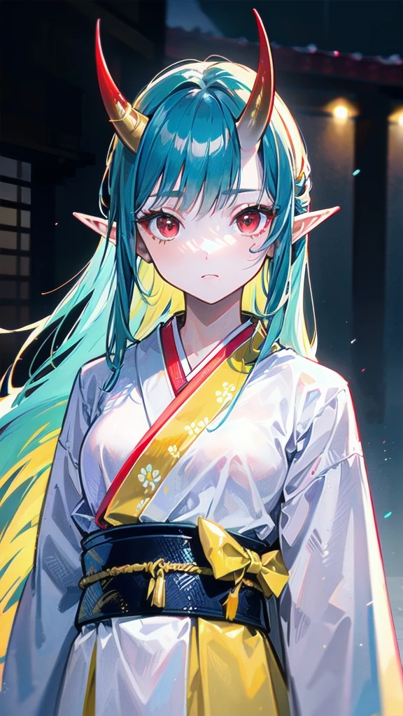 RAW, professional photograph, movie photograph, medium shot, Female elf, (((little yellow horns))), twenty years old, night, athletic body, soft facial features, long hair, straight hair, (((pacific cyan hair))), (((red eyes faded to yellow))), japanese female uniform, traditional japanese village, Realism, hyperrealism, ray tracing, high details, super detail, UHD, 8k