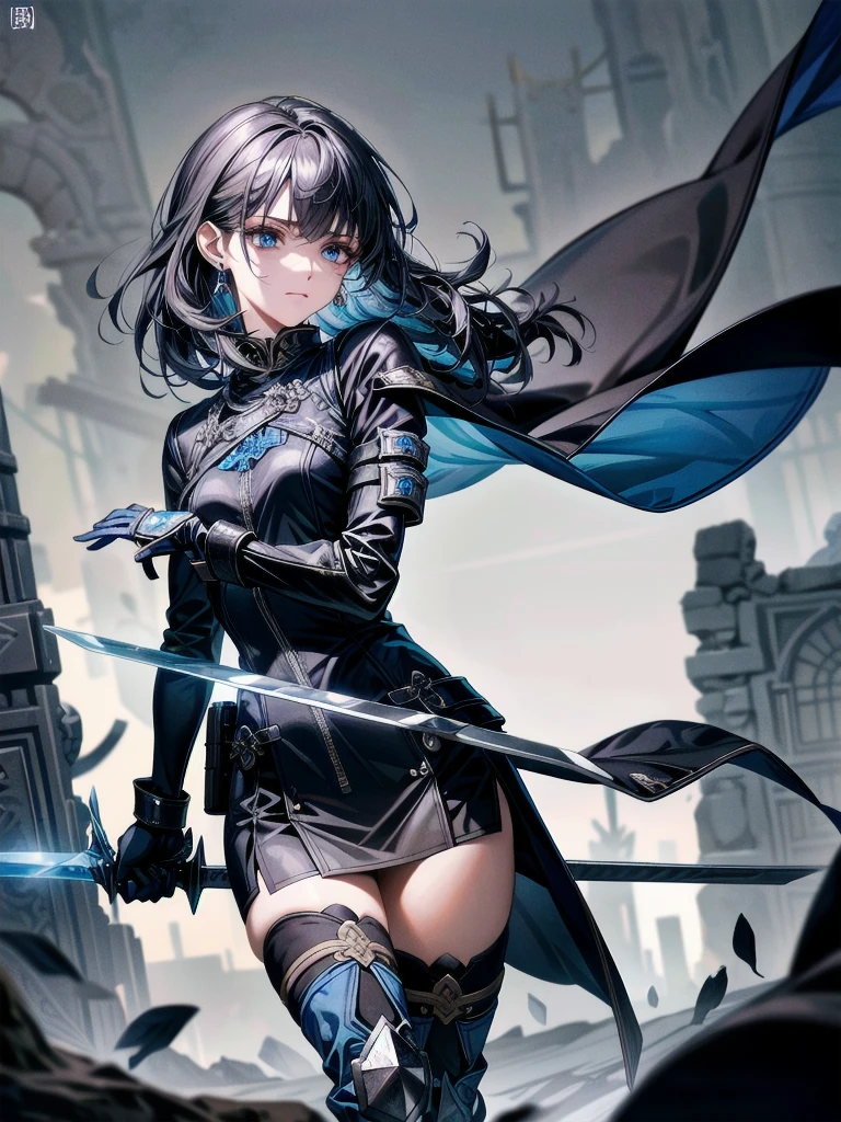 long blue great sword, Ruins, tech boots, black jacket, samurai, absurdres, RAW photo, extremely delicate and beautiful, masterpiece, Best Quality, ultra high resolution, 32k, hyperrealistic, ultra-detailed, tearful mole, earring, short medium hair, wavy hair, whole body,