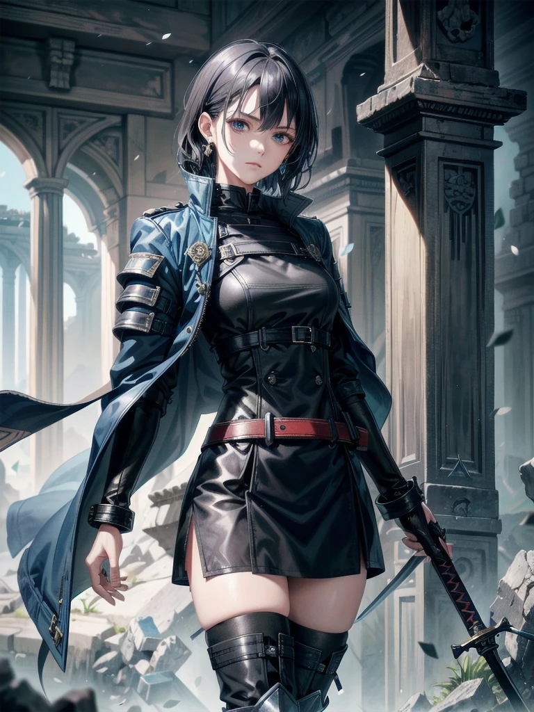 long blue great sword, Ruins, tech boots, black jacket, samurai, absurdres, RAW photo, extremely delicate and beautiful, masterpiece, Best Quality, ultra high resolution, 32k, hyperrealistic, ultra-detailed, tearful mole, earring, short medium hair, wavy hair, whole body, 
