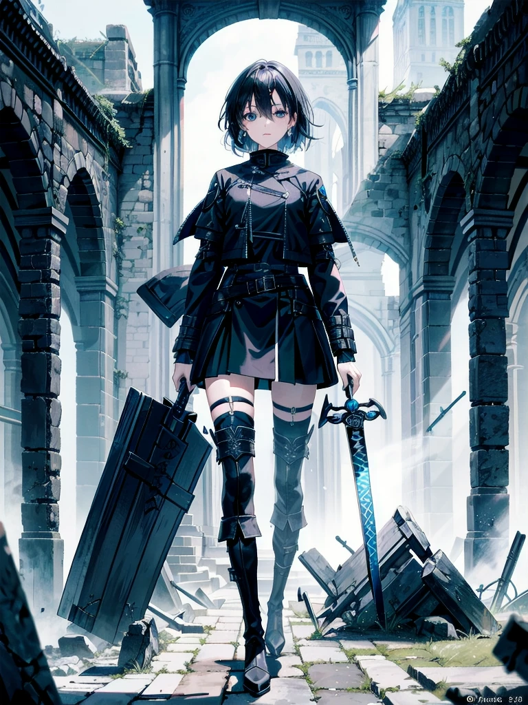 long blue great sword, Ruins, tech boots, black jacket, samurai, absurdres, RAW photo, extremely delicate and beautiful, masterpiece, Best Quality, ultra high resolution, 32k, hyperrealistic, ultra-detailed, tearful mole, earring, short medium hair, wavy hair, whole body,