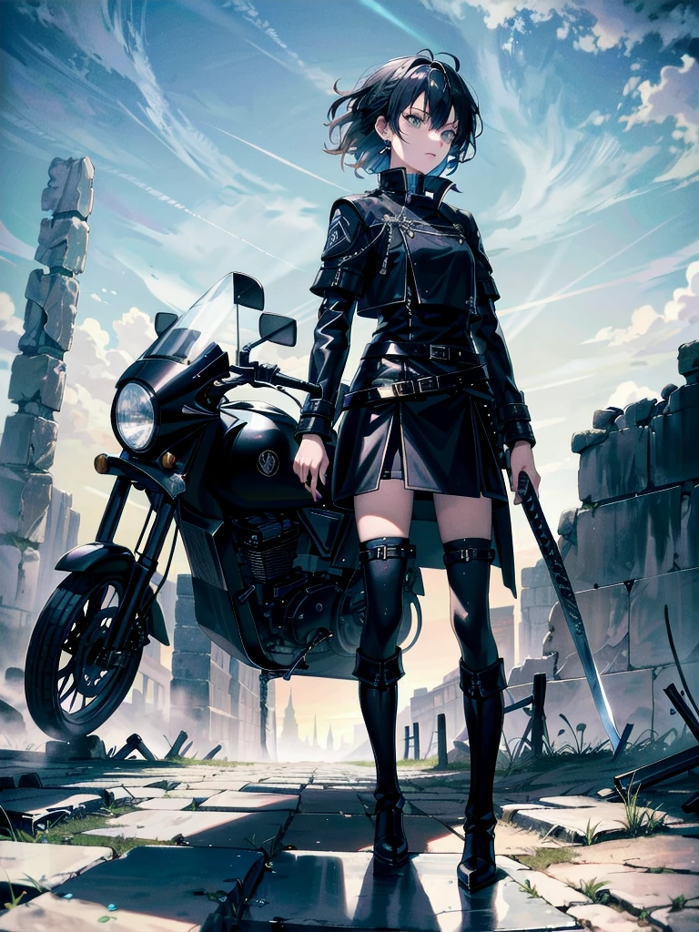 long blue great sword, Ruins, tech boots, black jacket, samurai, absurdres, RAW photo, extremely delicate and beautiful, masterpiece, Best Quality, ultra high resolution, 32k, hyperrealistic, ultra-detailed, tearful mole, earring, short medium hair, wavy hair, whole body, 