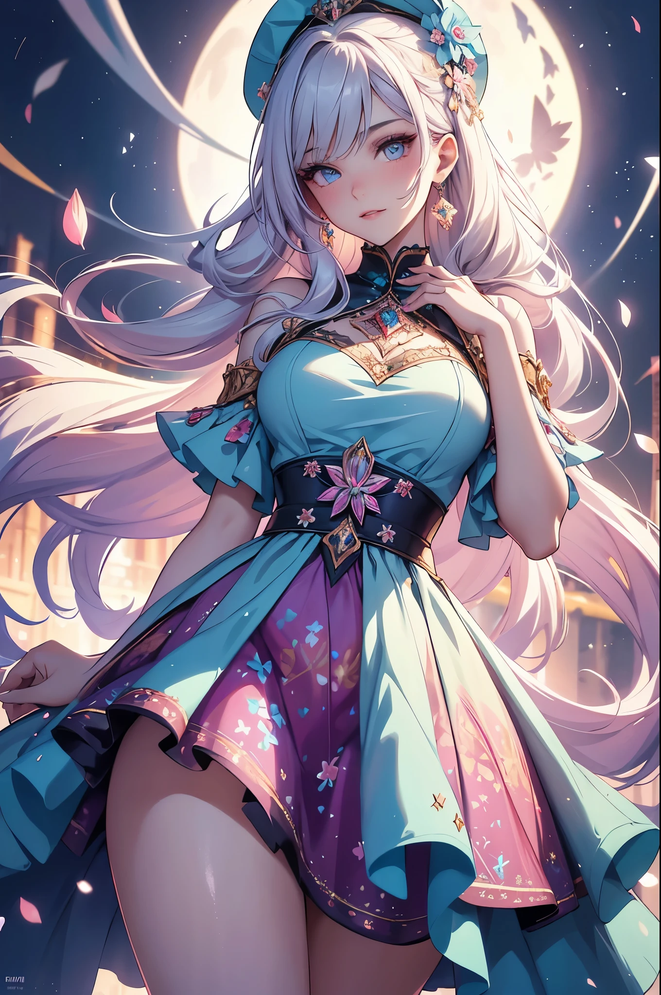 (best quality,4k,8k,highres,masterpiece:1.2),ultra-detailed,(realistic,photorealistic,photo-realistic:1.37),acrylic painting,beautiful Russian model in a Lolita dress with downy hair,beautiful Russian model with extremely colorful hair and detailed facial features,beautiful Russian model standing in a beautiful garden surrounded by a starry sky,beautiful Russian model wearing a vibrant Lolita dress,beautiful Russian model with intricate accessories and a matching hat,beautiful Russian model posing gracefully with her hands on her hips,beautiful Russian model with long flowing twintails,beautiful Russian model with bright blue eyes and rosy lips,beautiful Russian model with a joyful expression,beautiful Russian model in a dynamic pose with cherry blossoms falling around her,beautiful Russian model surrounded by colorful flowers and butterflies,beautiful Russian model's dress adorned with cute bows and lace details,beautiful Russian model with an enchanting smile,beautiful Russian model with soft, pastel-colored shading,beautiful Russian model with a magical glow illuminating her,beautiful Russian model in a picturesque setting with a winding path leading to a magnificent castle,beautiful Russian model holding a microphone and singing passionately,beautiful Russian model with a fairytale-like background,beautiful Russian model with a soft, dreamy atmosphere,beautiful Russian model with a subtle bokeh effect,beautiful Russian model standing under a moonlit sky,beautiful Russian model with a warm, golden sunset in the background,beautiful Russian model surrounded by twinkling stars and colorful nebulae,creating an ethereal and captivating artistic masterpiece. 