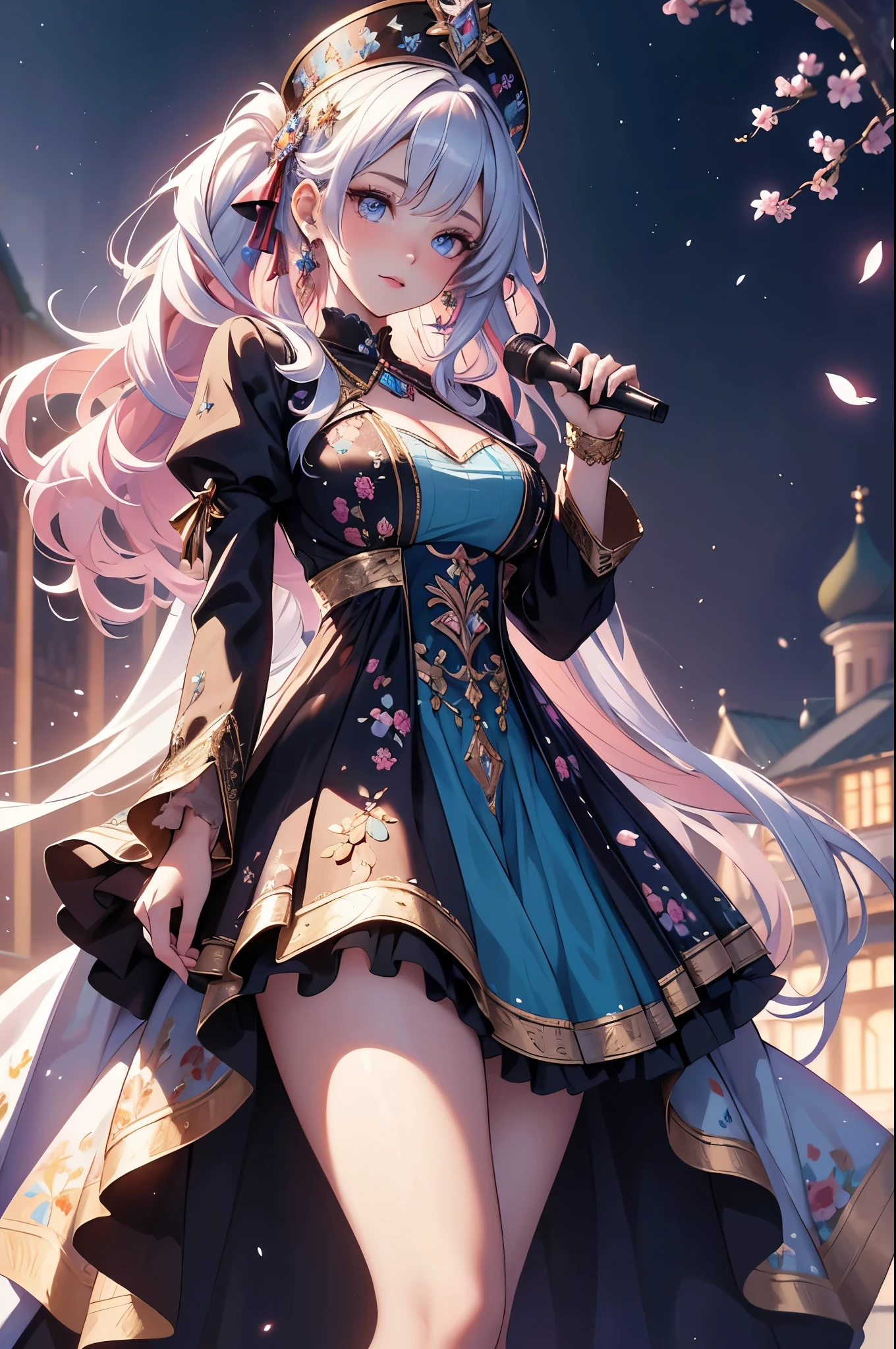 (best quality,4k,8k,highres,masterpiece:1.2),ultra-detailed,(realistic,photorealistic,photo-realistic:1.37),acrylic painting,beautiful Russian model in a Lolita dress with downy hair,beautiful Russian model with extremely colorful hair and detailed facial features,beautiful Russian model standing in a beautiful garden surrounded by a starry sky,beautiful Russian model wearing a vibrant Lolita dress,beautiful Russian model with intricate accessories and a matching hat,beautiful Russian model posing gracefully with her hands on her hips,beautiful Russian model with long flowing twintails,beautiful Russian model with bright blue eyes and rosy lips,beautiful Russian model with a joyful expression,beautiful Russian model in a dynamic pose with cherry blossoms falling around her,beautiful Russian model surrounded by colorful flowers and butterflies,beautiful Russian model's dress adorned with cute bows and lace details,beautiful Russian model with an enchanting smile,beautiful Russian model with soft, pastel-colored shading,beautiful Russian model with a magical glow illuminating her,beautiful Russian model in a picturesque setting with a winding path leading to a magnificent castle,beautiful Russian model holding a microphone and singing passionately,beautiful Russian model with a fairytale-like background,beautiful Russian model with a soft, dreamy atmosphere,beautiful Russian model with a subtle bokeh effect,beautiful Russian model standing under a moonlit sky,beautiful Russian model with a warm, golden sunset in the background,beautiful Russian model surrounded by twinkling stars and colorful nebulae,creating an ethereal and captivating artistic masterpiece.