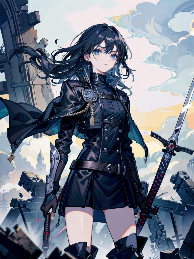 long blue great sword, Ruins, tech boots, black jacket, samurai, absurdres, RAW photo, extremely delicate and beautiful, masterpiece, Best Quality, ultra high resolution, 32k, hyperrealistic, ultra-detailed, tearful mole, earring, short medium hair, wavy hair, whole body,