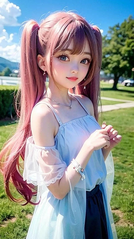 Turquoise eyes、(highest quality, masterpiece), One girl, Pause, particle, Wind, flower, Upper Body, Simple Background, View your viewers, , Milky Way,smile、((See-through、pink、blouse))mysterious、(Silver Long Hair、Some have red hair)、Earrings、Twin tails、blue sky、smile、Feeling embarrassed、Waiting for a kiss