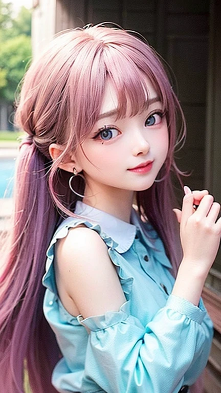 Turquoise eyes、(highest quality, masterpiece), One girl, Pause, particle, Wind, flower, Upper Body, Simple Background, View your viewers, , Milky Way,smile、((See-through、pink、blouse))mysterious、(Silver Long Hair、Some have red hair)、Earrings、Twin tails、blue sky、smile、Feeling embarrassed、Waiting for a kiss