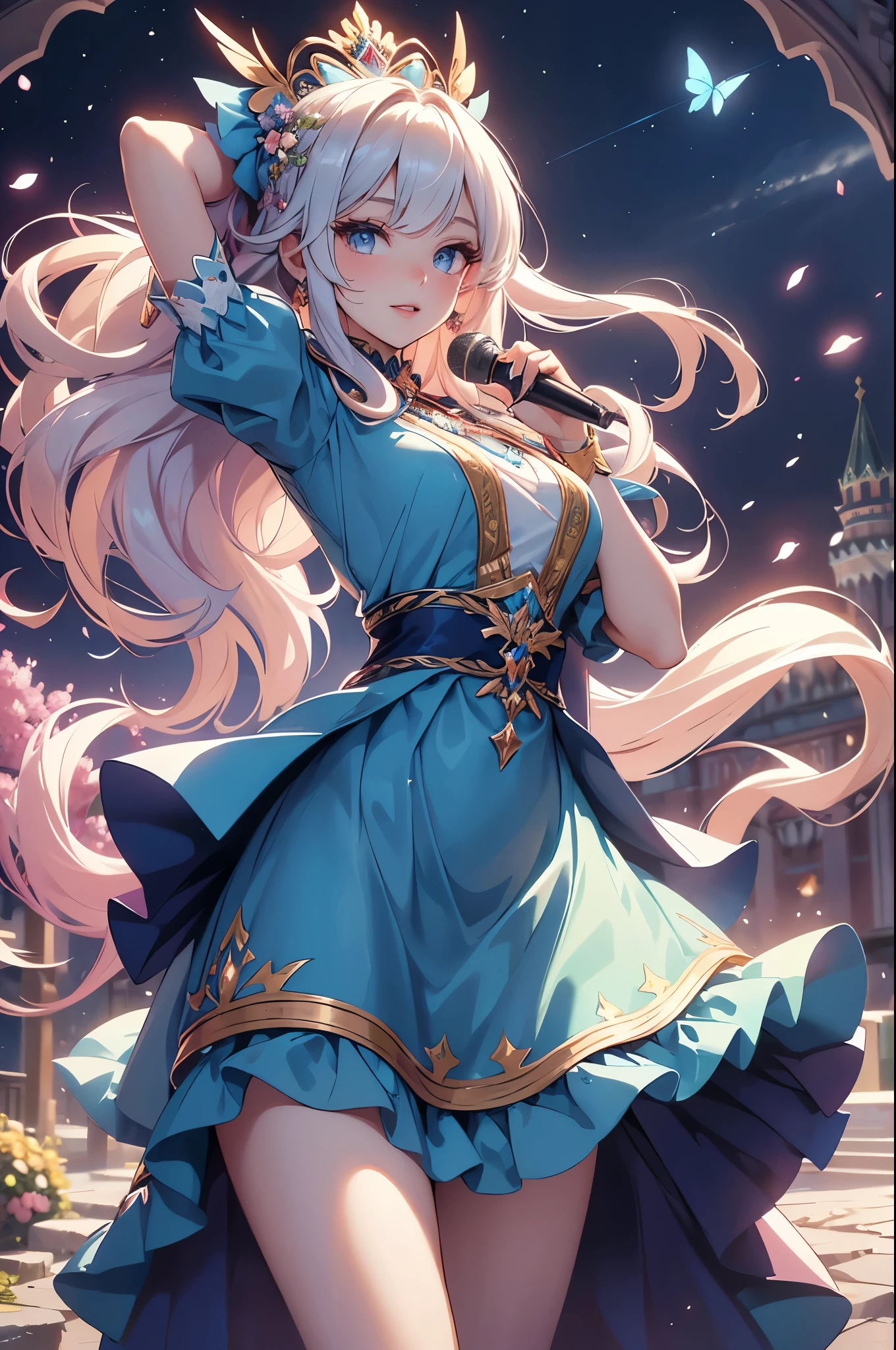 (best quality,4k,8k,highres,masterpiece:1.2),ultra-detailed,(realistic,photorealistic,photo-realistic:1.37),acrylic painting,beautiful Russian model in a Lolita dress with downy hair,beautiful Russian model with extremely colorful hair and detailed facial features,beautiful Russian model standing in a beautiful garden surrounded by a starry sky,beautiful Russian model wearing a vibrant Lolita dress,beautiful Russian model with intricate accessories and a matching hat,beautiful Russian model posing gracefully with her hands on her hips,beautiful Russian model with long flowing twintails,beautiful Russian model with bright blue eyes and rosy lips,beautiful Russian model with a joyful expression,beautiful Russian model in a dynamic pose with cherry blossoms falling around her,beautiful Russian model surrounded by colorful flowers and butterflies,beautiful Russian model's dress adorned with cute bows and lace details,beautiful Russian model with an enchanting smile,beautiful Russian model with soft, pastel-colored shading,beautiful Russian model with a magical glow illuminating her,beautiful Russian model in a picturesque setting with a winding path leading to a magnificent castle,beautiful Russian model holding a microphone and singing passionately,beautiful Russian model with a fairytale-like background,beautiful Russian model with a soft, dreamy atmosphere,beautiful Russian model with a subtle bokeh effect,beautiful Russian model standing under a moonlit sky,beautiful Russian model with a warm, golden sunset in the background,beautiful Russian model surrounded by twinkling stars and colorful nebulae,creating an ethereal and captivating artistic masterpiece.