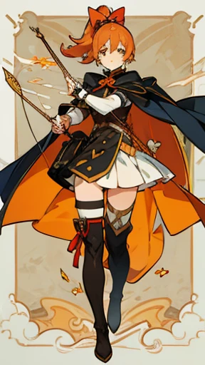 Victorian style, British background, full body picture, figure, Standing image,Full body picture,figure设定图,Three views of charactermorpg,Apricot hair,High Ponytail,Holding a bow and arrow,Archer,1 girl,Imperial sister body type,Carrying a bow and arrow bag on the back,Western Fantasy Adventure,西幻Archer,Bow pulling pose,Side splits,Thigh-high boots that go above the knee,The orange cowboy-like cape has a bit of a broken feel.,Arm Guard。