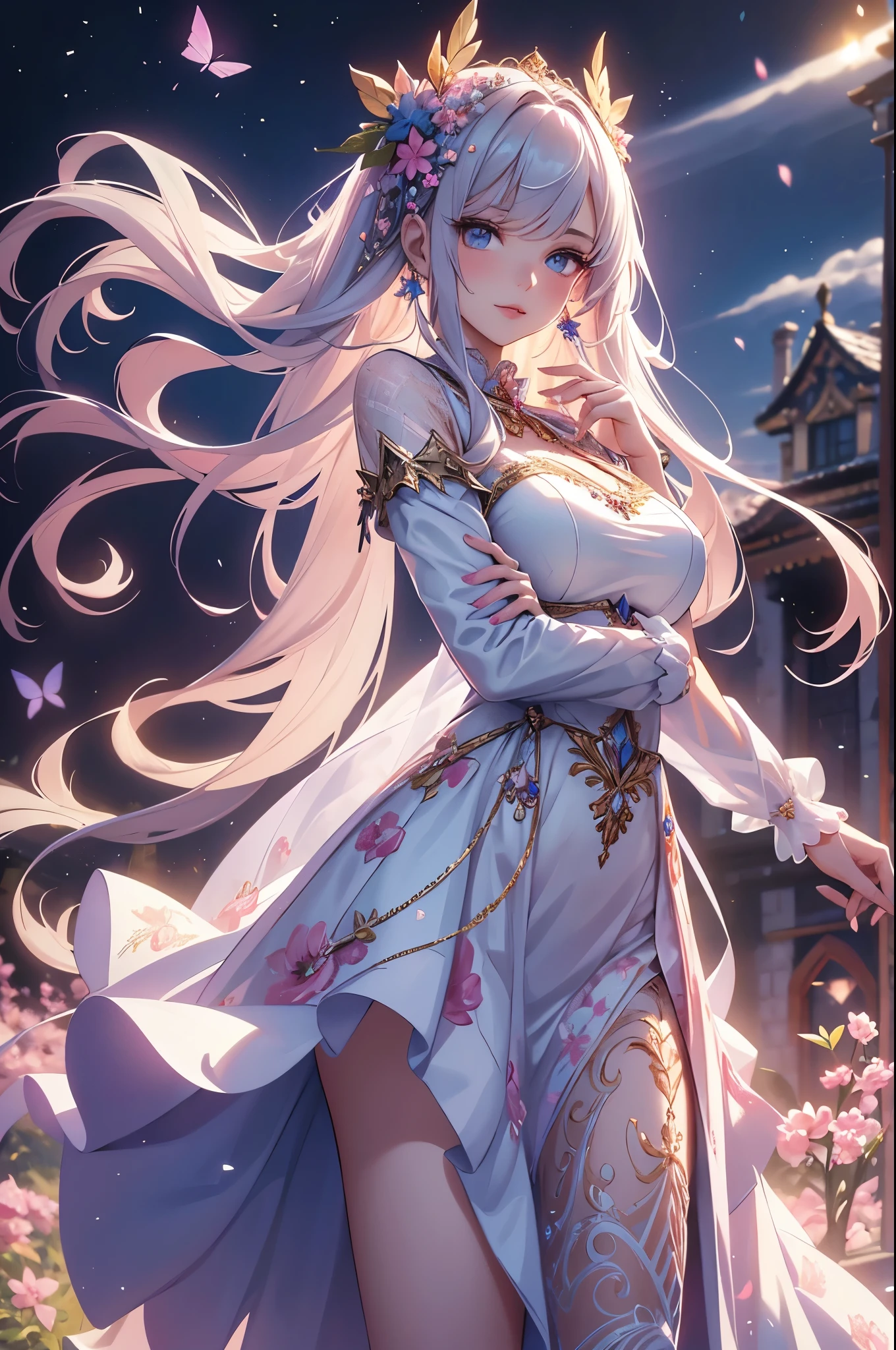 (best quality,4k,8k,highres,masterpiece:1.2),ultra-detailed,(realistic,photorealistic,photo-realistic:1.37),acrylic painting,beautiful Russian model in a Lolita dress with downy hair,beautiful Russian model with extremely colorful hair and detailed facial features,beautiful Russian model standing in a beautiful garden surrounded by a starry sky,beautiful Russian model wearing a vibrant Lolita dress,beautiful Russian model with intricate accessories and a matching hat,beautiful Russian model posing gracefully with her hands on her hips,beautiful Russian model with long flowing twintails,beautiful Russian model with bright blue eyes and rosy lips,beautiful Russian model with a joyful expression,beautiful Russian model in a dynamic pose with cherry blossoms falling around her,beautiful Russian model surrounded by colorful flowers and butterflies,beautiful Russian model's dress adorned with cute bows and lace details,beautiful Russian model with an enchanting smile,beautiful Russian model with soft, pastel-colored shading,beautiful Russian model with a magical glow illuminating her,beautiful Russian model in a picturesque setting with a winding path leading to a magnificent castle,beautiful Russian model holding a microphone and singing passionately,beautiful Russian model with a fairytale-like background,beautiful Russian model with a soft, dreamy atmosphere,beautiful Russian model with a subtle bokeh effect,beautiful Russian model standing under a moonlit sky,beautiful Russian model with a warm, golden sunset in the background,beautiful Russian model surrounded by twinkling stars and colorful nebulae,creating an ethereal and captivating artistic masterpiece.