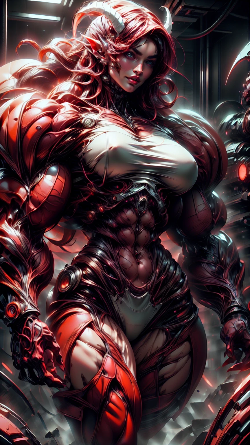 Cinematic, clear facial features and insanely detailed, the image captures the essence of (1 girl), (megan fox:1.25), (long red hair), (carnage skinless physique:1.25), (1 super muscular undead skinless succubus with gigantic horns:1.25), (covered in red necrotic rotting skinless muscle:1.25), (exposed muscles & veins everywhere:1.25), (perfect fingers:1.25) (full body pose:1.25). The color grading is beautifully done, enhancing the overall cinematic feel. Unreal Engine makes her appearance even more mesmerizing. With depth of field (DOF), every detail is focused and accentuated, drawing attention to her eyes and hair. Peak image resolution utilizing super-resolution technology ensures pixel perfection. Cinematic lighting enhances her aura, while anti-aliasing techniques like FXAA and TXAA keep the edges smooth and clean. Adding realism to the muscular bio-mecha succubus , RTX technology enables ray tracing. Additionally, SSAO (Screen Space Ambient Occlusion) gives depth and realism to the scene, the girl's presence even more convincing. In the post-processing and post-production stages, tone mapping enhances the colors, creating a captivating visual experience. The integration of CGI (Computer-Generated Imagery) and VFX (Visual Effects brings out her demonic features seamlessly . Incredible level of detail, with intricate elements meticulously crafted, the artwork hyper maximalist and hyper-realistic. Volumetric effects add depth and dimension, with unparalleled photorealism. 8k resolution rendering ensures super detailed visuals. The volumetric lighting adds a touch of magic, highlighting her beauty and aura in an otherworldly way. High Dynamic Range (HDR) tech makes the colors pop, adding richness to the overall composition. Ultimately, this artwork presents an unreal, yet stunningly real portrayal of an incredibly beautiful bio-mecha succubus girl. The sharp focus ensures that every feature is crisply defined, creating a captivating presence. (girl face:1.45)