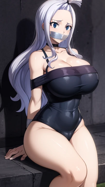Mirajane, natural lighting, masterpiece, highly detailed, illustration, game CG, absurdres, high quality, aichan, large breasts, beautiful detailed eyes, short, (tape gag), (tape bound), (arms bound), (legs bound:1.2), eyes wide, shocked, surprised, collarbone, sitting, (knees bent), mirajane has a huge ass, Mirajane is bikini, mirajane has huge tits
