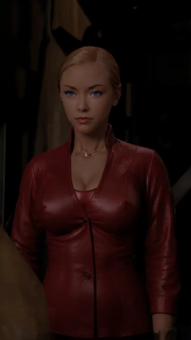T3RMKL0K, blue eyed, medium to large breast size, perked cleavage, cleavage, red outfit, gold necklace