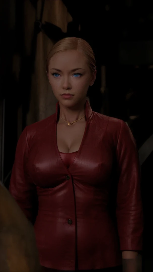 T3RMKL0K, blue eyed, medium to large breast size, perked cleavage, cleavage, red outfit, gold necklace