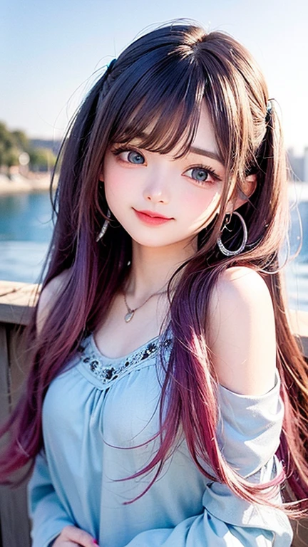Turquoise eyes、(highest quality, masterpiece), One girl, Pause, particle, Wind, flower, Upper Body, Simple Background, View your viewers, , Milky Way,smile、((See-through、pink、blouse))mysterious、(Silver Long Hair、Some have red hair)、Earrings、Twin tails、blue sky、smile、Feeling embarrassed、Waiting for a kiss