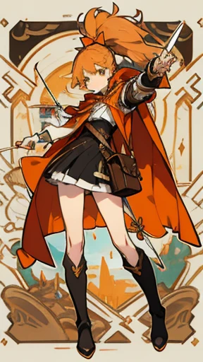 Victorian style, British background, full body picture, figure, Standing image,Full body picture,figure设定图,Three views of charactermorpg,Apricot hair,High Ponytail,Holding a bow and arrow,Archer,1 girl,Imperial sister body type,Carrying a bow and arrow bag on the back,Western Fantasy Adventure,西幻Archer,Bow pulling pose,Side splits,Thigh-high boots that go above the knee,Orange cowboy-like cape with a hood and a bit of shattered feel,Arm Guard,travelling poet。