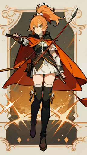 Victorian style, British background, full body picture, figure, Standing image,Full body picture，figure设定图，Three views of charactermorpg，Apricot hair，High Ponytail，Holding a bow and arrow，Archer，1 girl，Imperial sister body type，Carrying a bow and arrow bag on the back，Western Fantasy Adventure，西幻Archer，Bow pulling pose，Side splits，Thigh-high boots that go above the knee，Orange cowboy-like cape with a hood and a bit of shattered feel，Arm Guard，travelling poet。