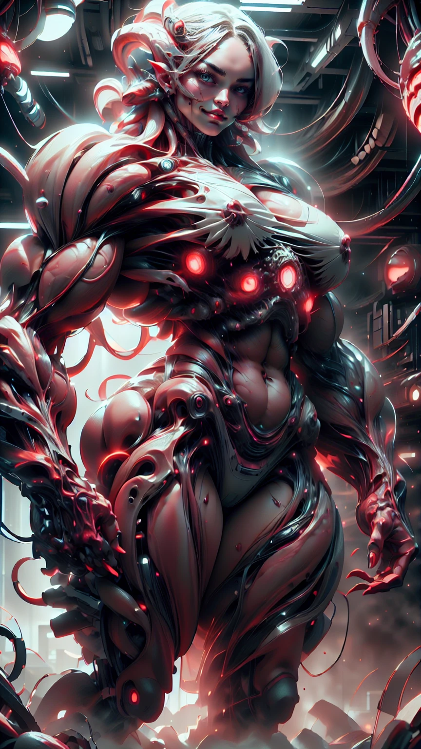 Cinematic, clear facial features and insanely detailed, the image captures the essence of (1 girl), (megan fox:1.25), (long red hair), (carnage skinless physique:1.25), (1 super muscular undead skinless succubus with gigantic horns:1.25), (covered in red necrotic rotting skinless muscle:1.25), (exposed muscles & veins everywhere:1.25), (perfect fingers:1.25) (full body pose:1.25). The color grading is beautifully done, enhancing the overall cinematic feel. Unreal Engine makes her appearance even more mesmerizing. With depth of field (DOF), every detail is focused and accentuated, drawing attention to her eyes and hair. Peak image resolution utilizing super-resolution technology ensures pixel perfection. Cinematic lighting enhances her aura, while anti-aliasing techniques like FXAA and TXAA keep the edges smooth and clean. Adding realism to the muscular bio-mecha succubus , RTX technology enables ray tracing. Additionally, SSAO (Screen Space Ambient Occlusion) gives depth and realism to the scene, the girl's presence even more convincing. In the post-processing and post-production stages, tone mapping enhances the colors, creating a captivating visual experience. The integration of CGI (Computer-Generated Imagery) and VFX (Visual Effects brings out her demonic features seamlessly . Incredible level of detail, with intricate elements meticulously crafted, the artwork hyper maximalist and hyper-realistic. Volumetric effects add depth and dimension, with unparalleled photorealism. 8k resolution rendering ensures super detailed visuals. The volumetric lighting adds a touch of magic, highlighting her beauty and aura in an otherworldly way. High Dynamic Range (HDR) tech makes the colors pop, adding richness to the overall composition. Ultimately, this artwork presents an unreal, yet stunningly real portrayal of an incredibly beautiful bio-mecha succubus girl. The sharp focus ensures that every feature is crisply defined, creating a captivating presence. (girl face:1.45)