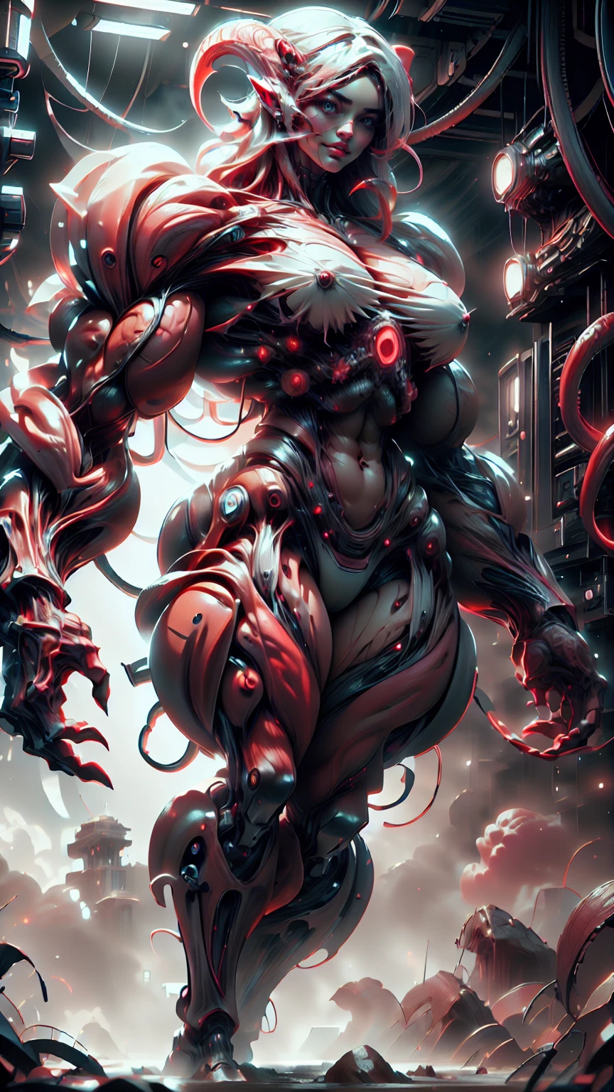 Cinematic, clear facial features and insanely detailed, the image captures the essence of (1 girl), (megan fox:1.25), (long red hair), (carnage skinless physique:1.25), (1 super muscular undead skinless succubus with gigantic horns:1.25), (covered in red necrotic rotting skinless muscle:1.25), (exposed muscles & veins everywhere:1.25), (perfect fingers:1.25) (full body pose:1.25). The color grading is beautifully done, enhancing the overall cinematic feel. Unreal Engine makes her appearance even more mesmerizing. With depth of field (DOF), every detail is focused and accentuated, drawing attention to her eyes and hair. Peak image resolution utilizing super-resolution technology ensures pixel perfection. Cinematic lighting enhances her aura, while anti-aliasing techniques like FXAA and TXAA keep the edges smooth and clean. Adding realism to the muscular bio-mecha succubus , RTX technology enables ray tracing. Additionally, SSAO (Screen Space Ambient Occlusion) gives depth and realism to the scene, the girl's presence even more convincing. In the post-processing and post-production stages, tone mapping enhances the colors, creating a captivating visual experience. The integration of CGI (Computer-Generated Imagery) and VFX (Visual Effects brings out her demonic features seamlessly . Incredible level of detail, with intricate elements meticulously crafted, the artwork hyper maximalist and hyper-realistic. Volumetric effects add depth and dimension, with unparalleled photorealism. 8k resolution rendering ensures super detailed visuals. The volumetric lighting adds a touch of magic, highlighting her beauty and aura in an otherworldly way. High Dynamic Range (HDR) tech makes the colors pop, adding richness to the overall composition. Ultimately, this artwork presents an unreal, yet stunningly real portrayal of an incredibly beautiful bio-mecha succubus girl. The sharp focus ensures that every feature is crisply defined, creating a captivating presence. (girl face:1.45)